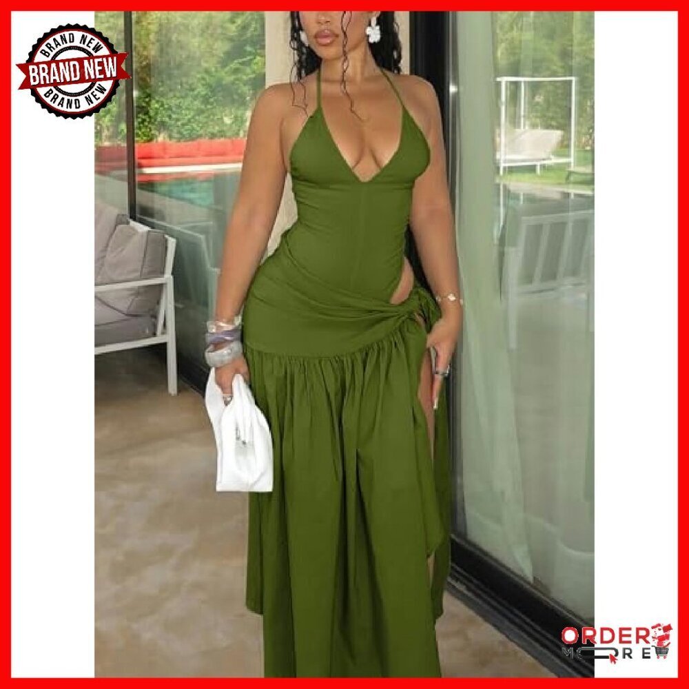 Sexy Halter Backless Bodysuit Wrap Maxi Skirt Two Piece Set - Picture 4 of 8